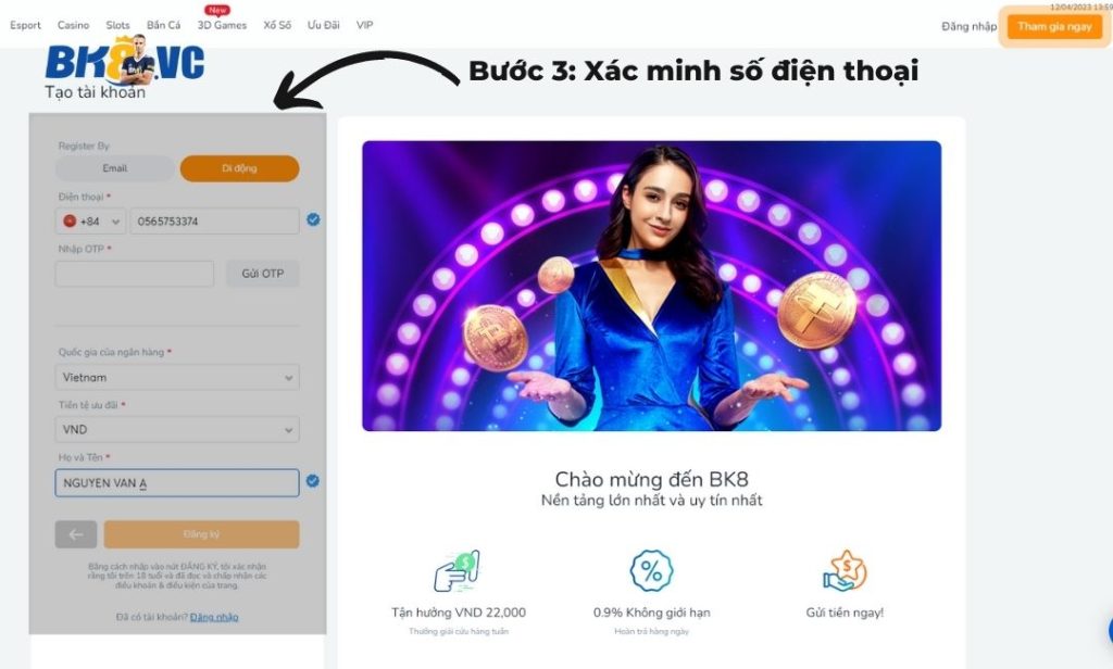 Đăng Ký Tài Khoản Trang BK8 12 - BK8 VC Xác minh BK8