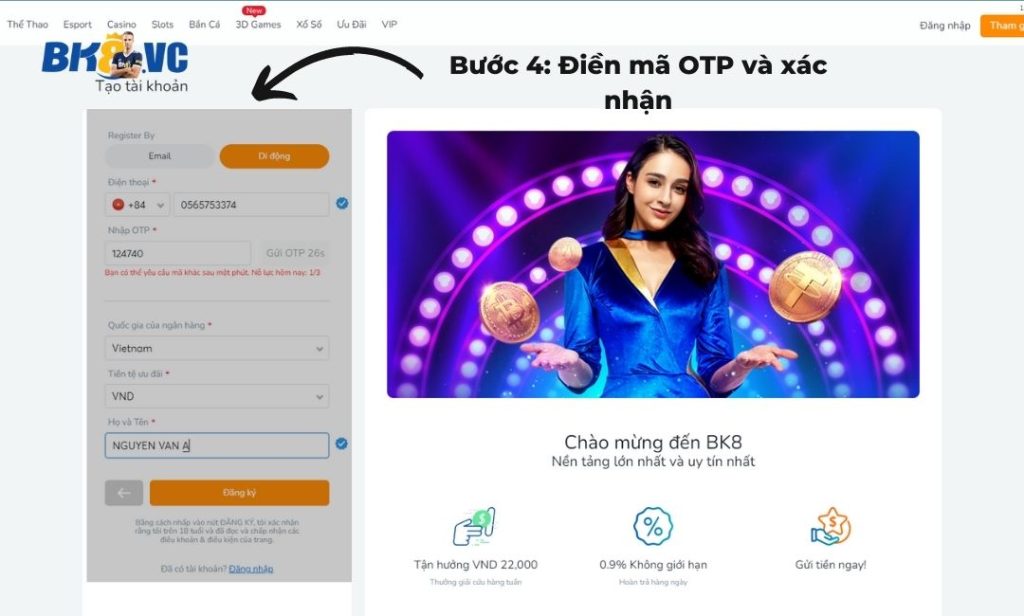 Đăng Ký Tài Khoản Trang BK8 13 - BK8 VC Xác minh BK8