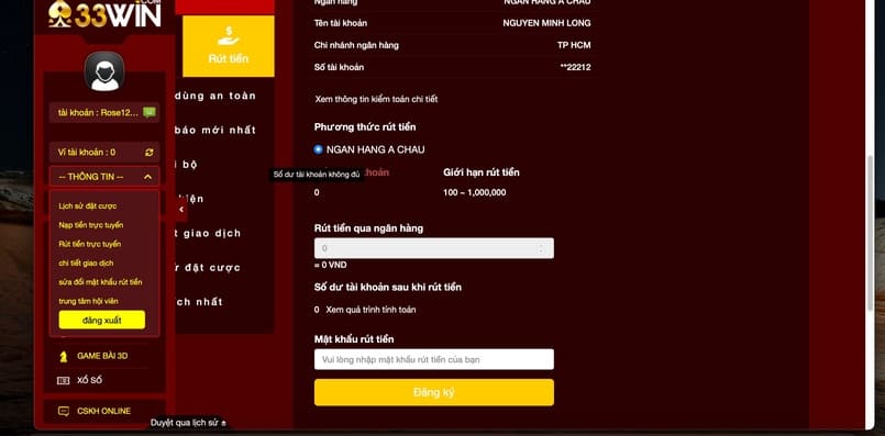 Hướng dẫn cách rút tiền tại 33Win