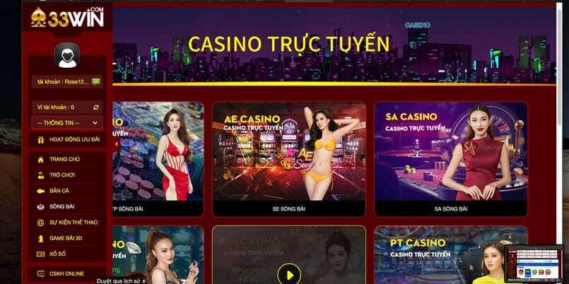 Trò chơi đánh bạc trực tiếp có tại 33Win
